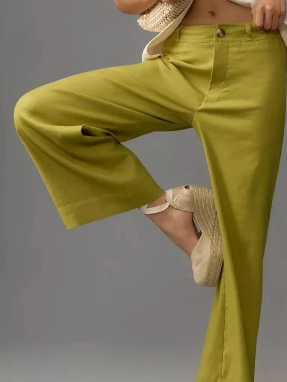Maeve by Anthropology Ettie Chartreuse/Green Wide-Leg High Rise Linen Pants 11 - Picture 12 of 12